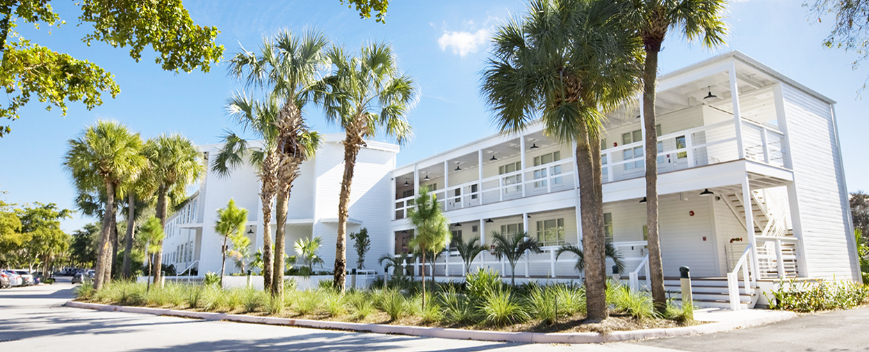 Front part of Campo Sano building in the early noon light. Palm trees are casting a shadow on the parking lot that curves around the white historic building.