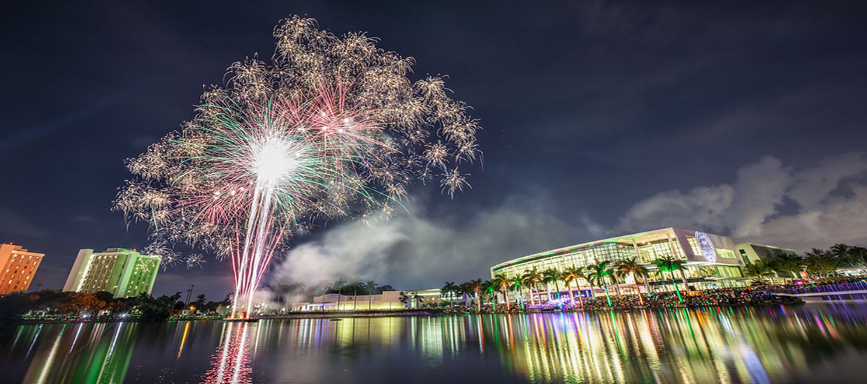 This is an image from University of Miami University Communications. A fireworks display on homecoming night.