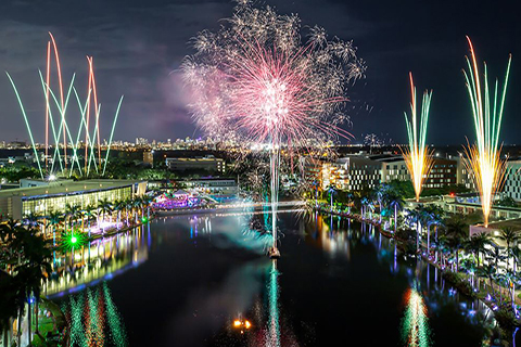 A photo of a firework display on the University of Miami Coral Gables campus.